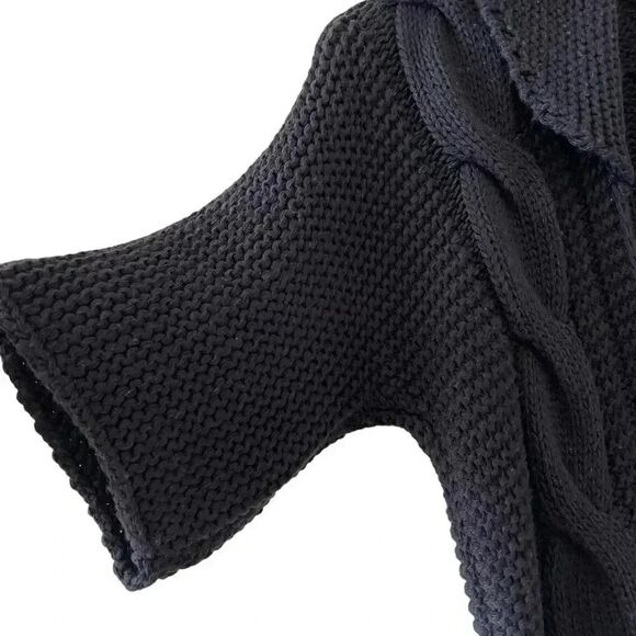 Black Knit Open Front Tie Snap Button Closure ¾ Sleeves Sweater Women’s Cardigan - Picture 9 of 13